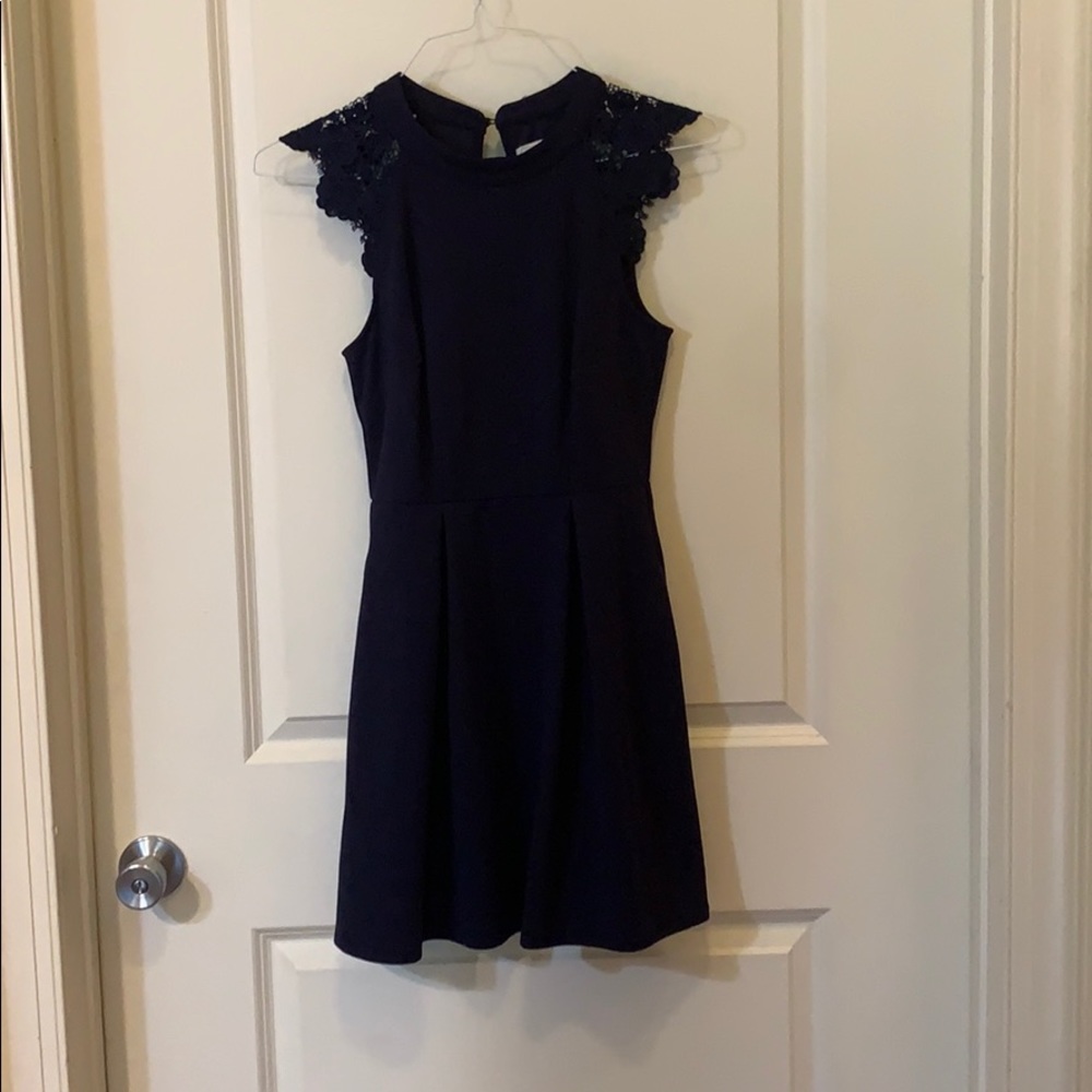 Navy Fit and Flare Lace Cap Sleeve Dress w/ Pocket
